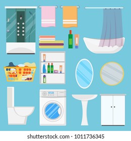 Bathroom interior vector illustration modern flat background banner set.