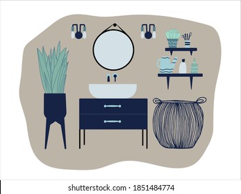 Bathroom interior vector illustration. Modern design of bathroom with sink, mirror, shelf with shampoo and liquid soap, laundry basket. Flat illustration clip art.