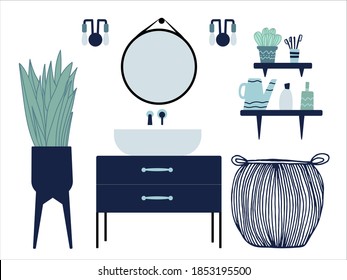 Badezimmer, Vektorgrafik auf weißem Hintergrund. Modernes Badezimmer Design der Waschbecken mit Spiegel. Regale mit Shampoo und flüssiger Seife und Wäschekorb darunter. Flache Illustrationsklammer-Kunst.