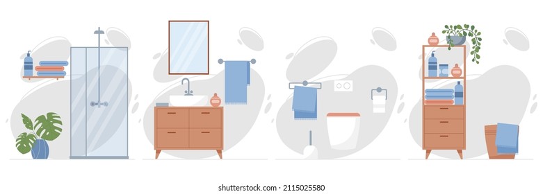 Bathroom interior vector illustration. Shower room and toilet interior design. Shower cabin, bathroom cabinet with sink, hanging toilet bowl, towel holder and bathroom mirror.