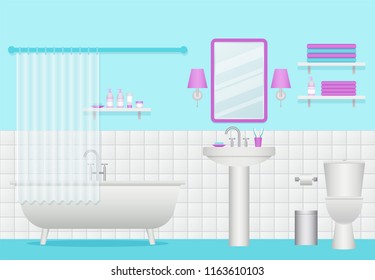 Bathroom interior. Vector. Toilet with furniture, plumbing in flat design. Cartoon room with bath, sink and shelves. Animated illustration.  White turquoise background.