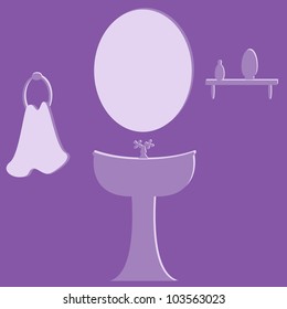 Bathroom interior with violet washstand, mirror and towel