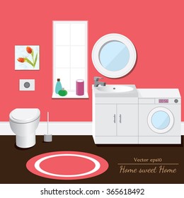 Bathroom interior volume. Pink background. 