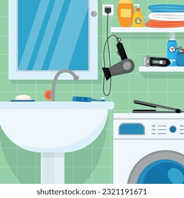 Badezimmer mit Waschbecken, Waschmaschine, Haartrockner, Geschirrspülmittel, Spiegel und anderen Haushaltsgeräten. Flache Vektorgrafik.