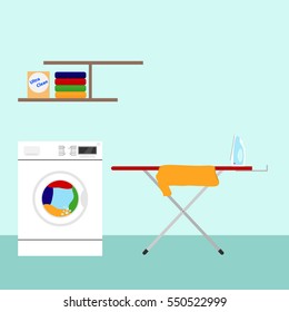 Bathroom, interior bathroom, washing machine, ironing board, iron, laundry detergent, towels, things. Flat design, vector illustration. Vector.