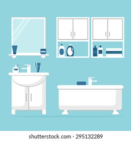 Bathroom Interior With White Furniture On Blue Background. Bath, Sink, Mirror, Shelves. Flat Style Vector Illustration. 