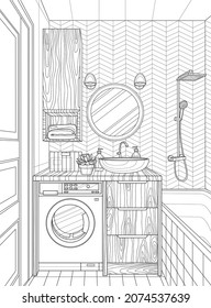 Bathroom interior with wooden shelves. Coloring book for adults. The interior of the room. Black and white illustration.