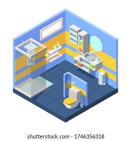 Bathroom Isometric Illustration. Compact Bathroom Concept Closed Shower Toilet Behind Partition, Corner With Mirror Combined Washstand Shelves Storing Towels Shampoo Soap. Isometric Cartoon Vector.