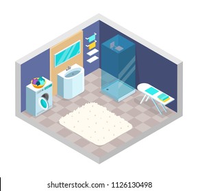 Bathroom isometric interior with bath, shower, washing machine, washbasin. The interior of the bathroom and toilet is isometric. Vector illustration