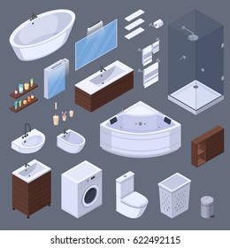 Bathroom isometric interior elements with pieces of furniture and lavatory equipment isolated images on grey background vector illustration