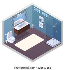 Bathroom isometric interior with glossy shower unit lavatory bowl vanity basin mirror and soft bath mat vector illustration