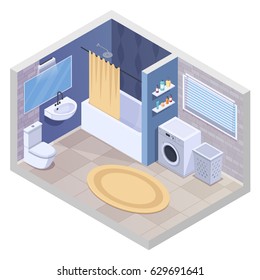 Bathroom isometric interior with realistic sanitary facilities and furniture with washing machine towel dryer and carpet vector illustration