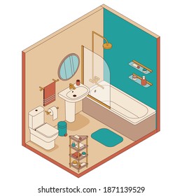 Bathroom in isometric style. Bath, washbasin and toilet. Vector illustration