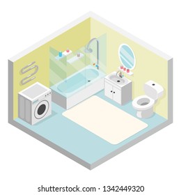 Bathroom isometric toilet sink washing machine shower modern furniture room cutaway design flat isolated concept vector illustration