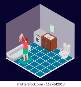 Bathroom is isometric with a woman and a child. The bathroom where the mother bathes her baby.