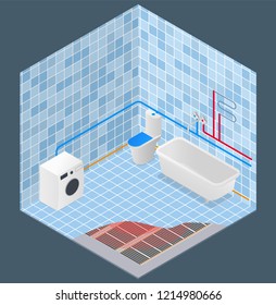 bathroom in isometry. water supply and heating scheme