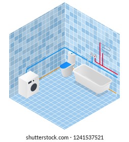 bathroom in isometry. water supply and heating scheme