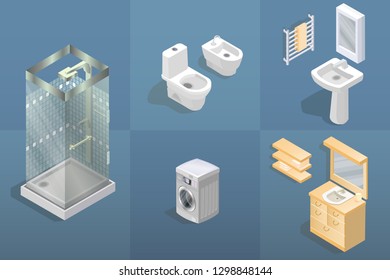 Bathroom items and furniture isometric icon set isolated on blue. Cartoon sink, shower, toilet.  Detailed objects. Vector flat style 3d illustration. Bathroom isometric interior elements.