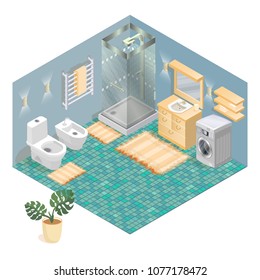 Bathroom items and furniture isometric icons. Cartoon sink, shower, toilet.  Detailed objects. Vector flat style 3d illustration. Bathroom isometric elements. Interior design.