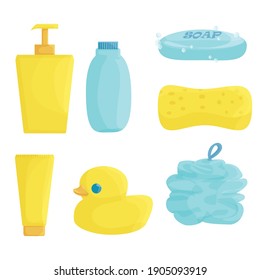 bathroom items. means for washing: shower gel, shampoo, solid soap, facial foam, cream, washcloth and sponge. duck for the bathroom. vector flat. isolated.