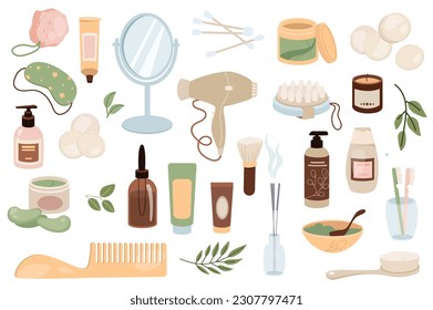 Bathroom items mega set graphic elements in flat design. Bundle of creams, mirror, cotton buds, cosmetics, sleep mask, lotion, hair dryer, massage brush, other. Vector illustration isolated objects