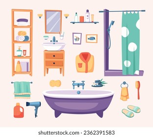 bathroom items set. bath accessories and furniture set, toothbrush, sink, mirror shelf bath shampoo persil towels shower. vector cartoon items set isolated objects.