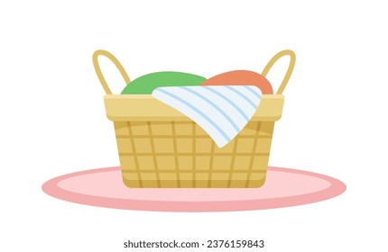 Bathroom items set. Colorful towels at wooden basket. Dirty clothes before laundry. Sticker for social networks and messengers. Cartoon flat vector illustration isolated on white background