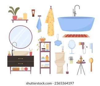 bathroom items set. mirror shelf bath shampoo persil towels shower, bath accessories and furniture set, toothbrush, sink. vector cartoon items set with isolated objects.