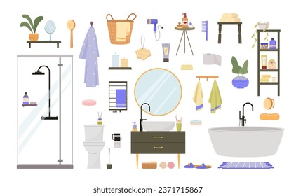 bathroom items set. shampoo towels shower, mirror shelf bath, bath accessories and furniture set, toothbrush, sink. vector cartoon items set isolated objects.