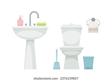 Das Badezimmer ist ausgestattet. Toilette mit Bürste und Waschbecken mit Seife und Schwamm. Sauberkeit und Hygiene. Vorlage und Layout. Cartoon-FlachVektorgrafik einzeln auf weißem Hintergrund