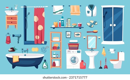 bathroom items set. toothbrush, sink, bath accessories and furniture set, mirror shelf bath shampoo persil towels shower. vector cartoon items set isolated objects.