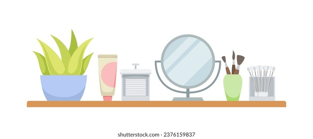 Artículos de baño. Estante de madera con espejo, planta y cremas y lociones. maquillaje y cuidado de la piel. Afiche o pancarta. Dibujo vectorial plano de dibujos animados aislado en fondo blanco