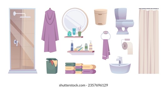 Bathroom items. Toilet hygiene elements shower sanitary equipment exact vector cartoon bathroom tools