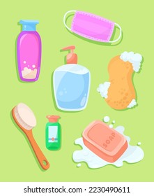 Bathroom items vector illustration set. Soap, shampoo, washcloth, brush, shower gel isolated on green background. Hygiene concept.