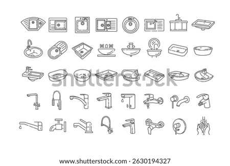 Bathroom and Kitchen faucets and Sinks. Vector icons for plumbing store