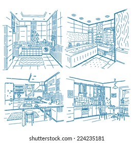 Bathroom And Kitchen Interior Vector Drawing Set