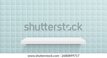Bathroom or kitchen interior with white shelf on blue tile with shadow. Clean scene studio for product display. Backdrop for showcase. Realistic vector illustration