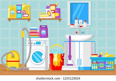 Bathroom and Laundry Room Concept. Washing Machine. House Cleaning Tools. Household Water Filtration set. Aqua Purification Filters and Filtration at Home. Vector Flat Illustration.