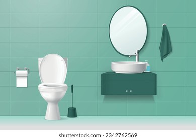 Bathroom lavatory realistic interior in green tones with white toilet washbasin mirror and accessories for practising hygiene vector illustration