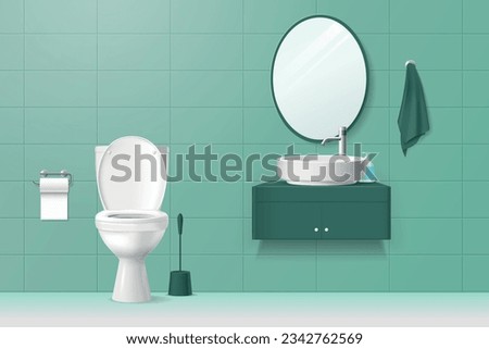Bathroom lavatory realistic interior in green tones with white toilet washbasin mirror and accessories for practising hygiene vector illustration