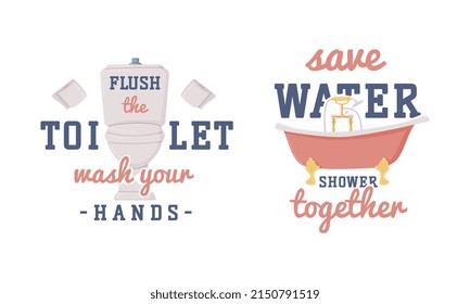 Bathroom Lettering with Inscription and Bathtub Vector Set