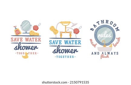 Bathroom Lettering with Inscription and Mirror with Bathtub Vector Set