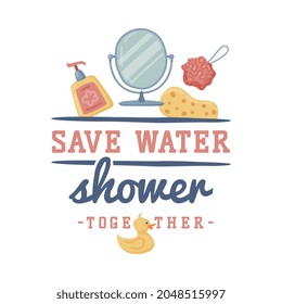 Bathroom Lettering with Shower and Washing Inscription and Sponge Vector Illustration