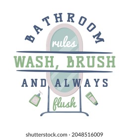 Bathroom Lettering with Washing Inscription and Mirror Vector Illustration