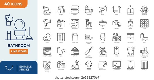 Conjunto de iconos editables de línea de baño. Contiene inodoro, baño, toalla, lavadora, grifo, lavabo, bañera, jabón y más. Trazo editable. Ilustración vectorial