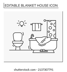 Bathroom line icon. Bathroom with bathtub, curtain towels. House design and modern home bath room interior.Blanket house concept. Isolated vector illustration.Editable stroke