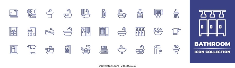 Icono de línea de baño colección. Trazo editable. Ilustración vectorial. Con bañera, bañera, ducha, alfombra, duchas, baño, lavabo, grifo, lavabo, toalla, secador de pelo, papel.