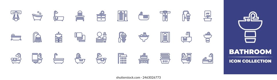 Bathroom line icon collection. Editable stroke. Vector illustration. Containing bathroom, bath, bathtub, shower, sink, washbasin, bathing, bath towel, bathrobe.