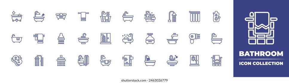 Bathroom line icon collection. Editable stroke. Vector illustration. Containing bath, bathtub, bathroom, shower, bathing, curtain, humidifier, hair dryer, sink, basin, soap, towel warmer, towel.