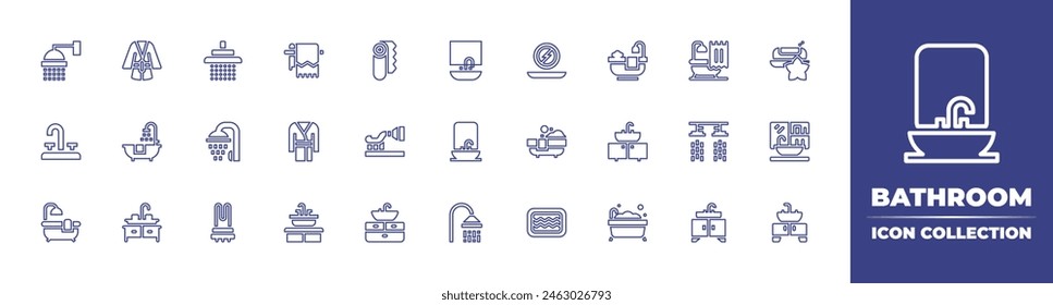 Icono de línea de baño colección. Trazo editable. Ilustración vectorial. Con baño, lavabo, bañera, lavabo, baño, ducha, lavabo, alfombra, papel, grifo, ducha, albornoz, cepillo de dientes.